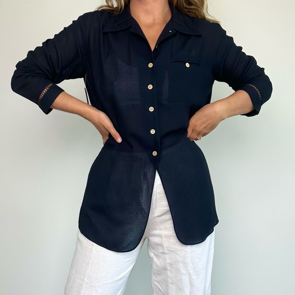 Vintage Liz Claiborne Navy Semi Sheer Old Money Button Down (S) - Picture 5 of 8